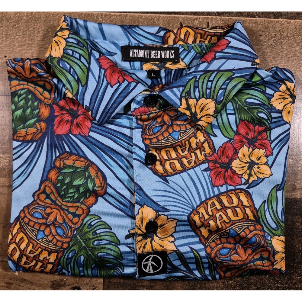 Altamont Beer Works Golf Polo Men's Large Blue Floral Tiki Maui Waui Performance
